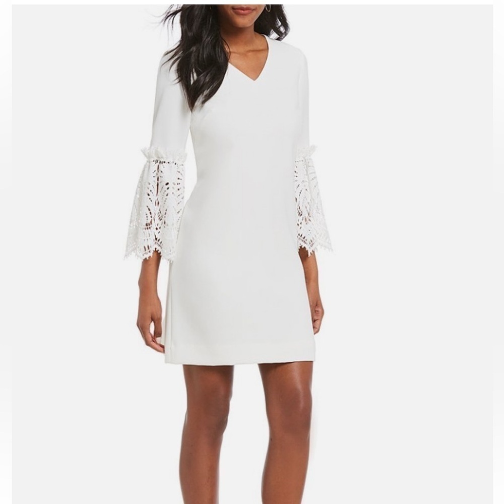 Tahari By Arthur S. Levine | White Embroidered Lace Bell Sleeve Shift Dress 10P